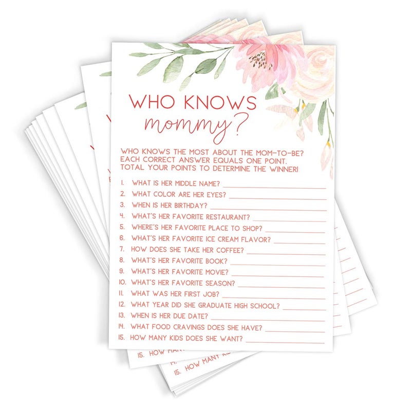 Printed Party Baby Shower Games â€“ Who Knows Mommy Best Game for Girl, Baby in Bloom Floral Theme, 50 Cards - Image 1